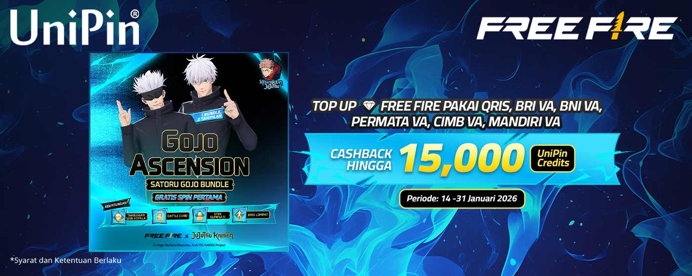 Gojo Ascension Hadir di Free Fire! Top Up Diamonds Free Fire Pakai QRIS dan Dapatkan Cashback hingga 15.000 UniPin Credits di UniPin!